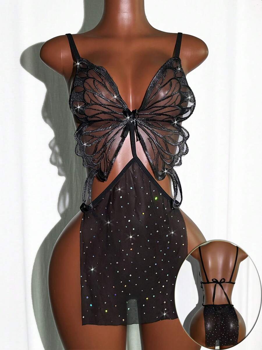 Women's black semi-sheer glitter mesh babydoll lingerie featuring embroidered accents, lace-up front detail, and a wireless bralette design.
