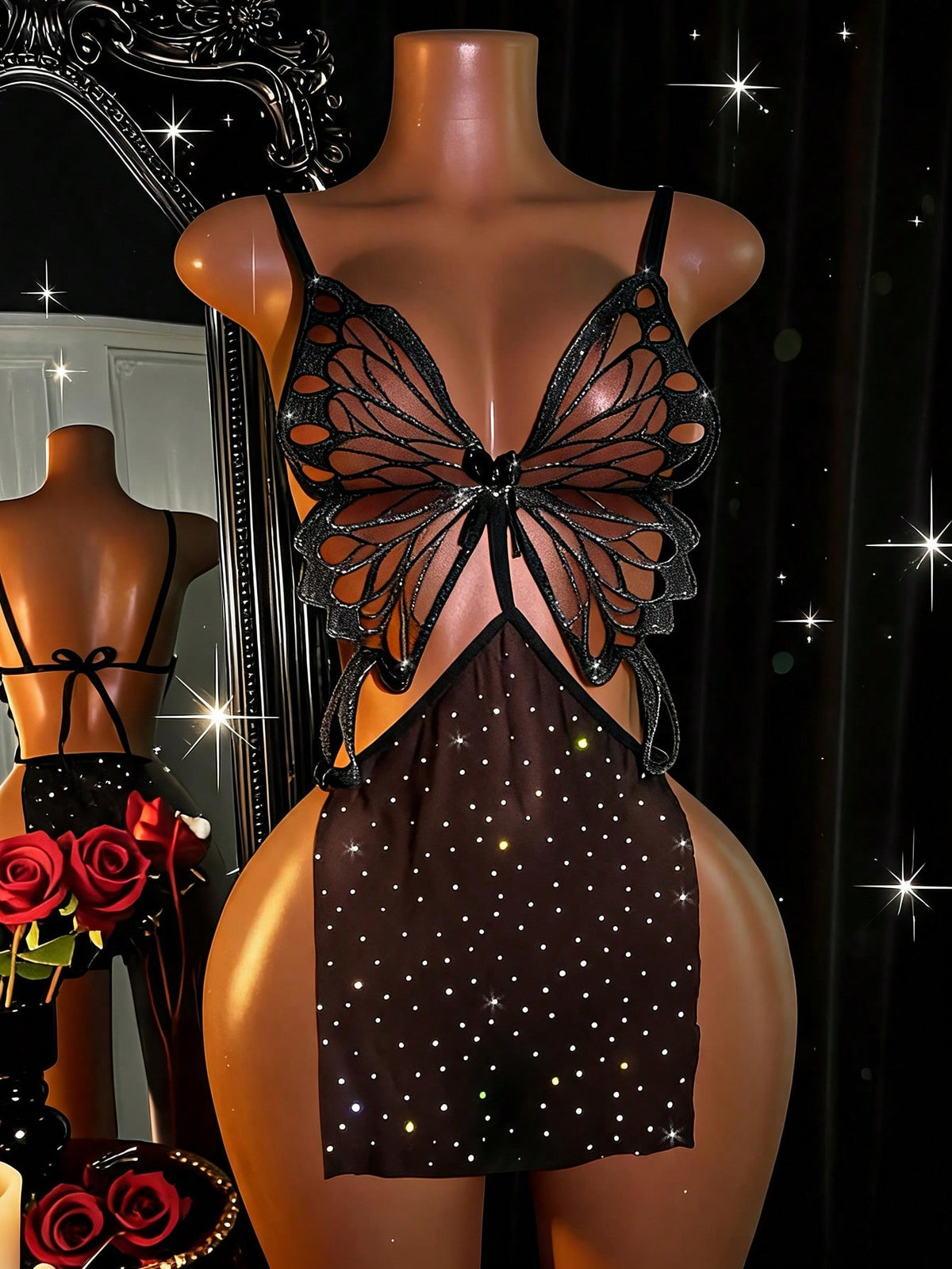 Women's black semi-sheer glitter mesh babydoll lingerie featuring embroidered accents, lace-up front detail, and a wireless bralette design.