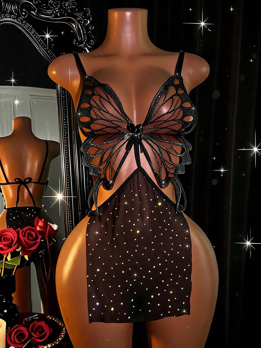Women's black semi-sheer glitter mesh babydoll lingerie featuring embroidered accents, lace-up front detail, and a wireless bralette design.