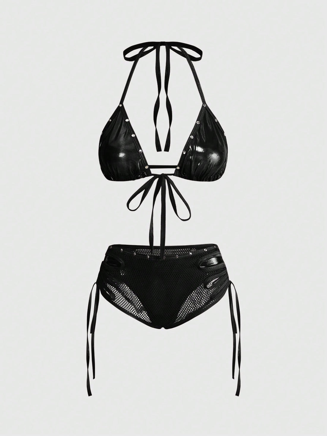 Women's Y2K halter bralette lingerie set in black with textured patterned sheer fabric, knot details, wireless micro crop top, and matching low rise briefs.