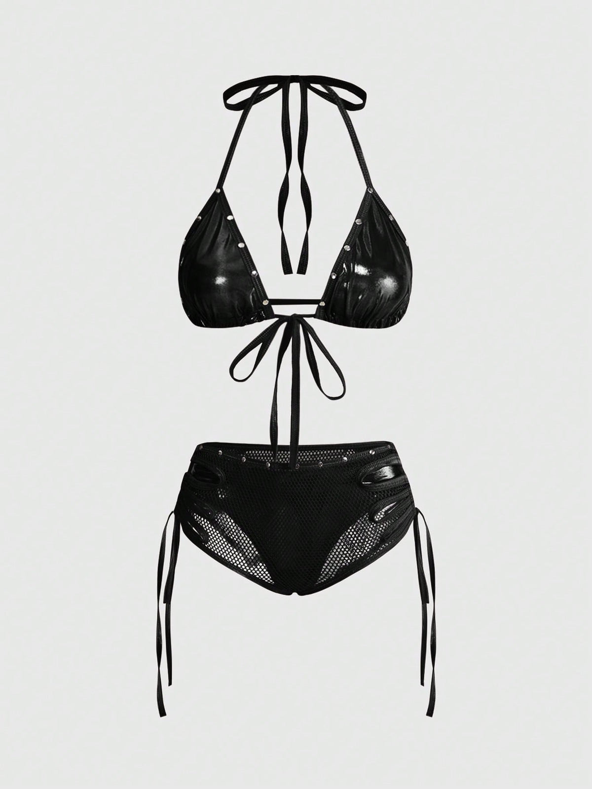 Women's Y2K halter bralette lingerie set in black with textured patterned sheer fabric, knot details, wireless micro crop top, and matching low rise briefs.