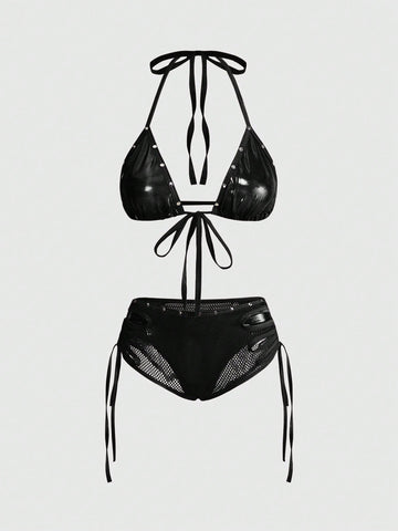Women's Y2K halter bralette lingerie set in black with textured patterned sheer fabric, knot details, wireless micro crop top, and matching low rise briefs.