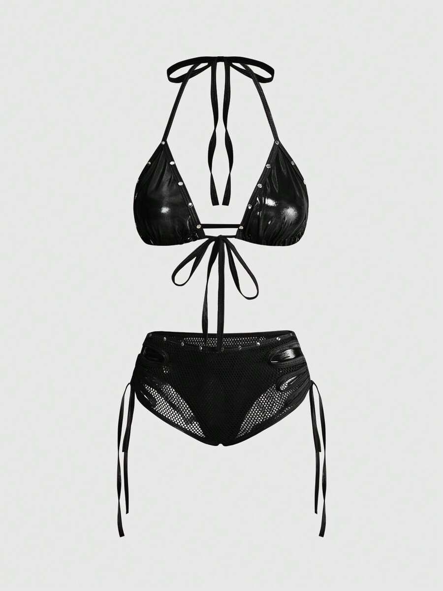 Women's Y2K halter bralette lingerie set in black with textured patterned sheer fabric, knot details, wireless micro crop top, and matching low rise briefs.