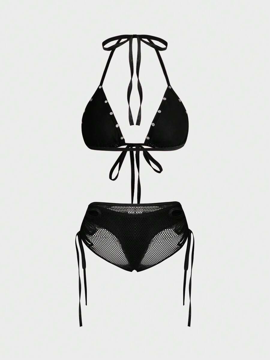 Women's Y2K halter bralette lingerie set in black with textured patterned sheer fabric, knot details, wireless micro crop top, and matching low rise briefs.