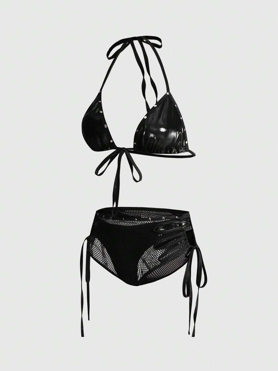 Women's Y2K halter bralette lingerie set in black with textured patterned sheer fabric, knot details, wireless micro crop top, and matching low rise briefs.