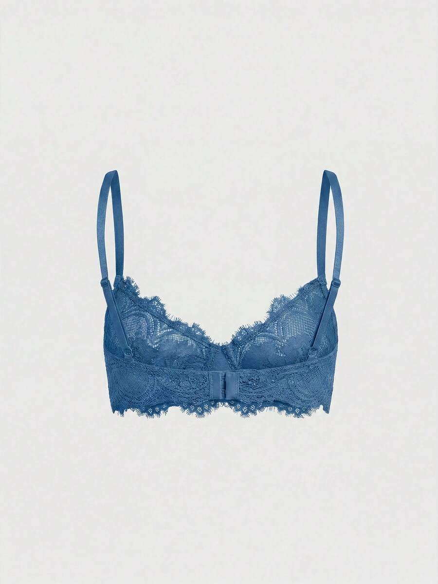 Black sheer floral lace plunge bra featuring underwire support, unlined triangle cups, adjustable straps, and a backless design for women.