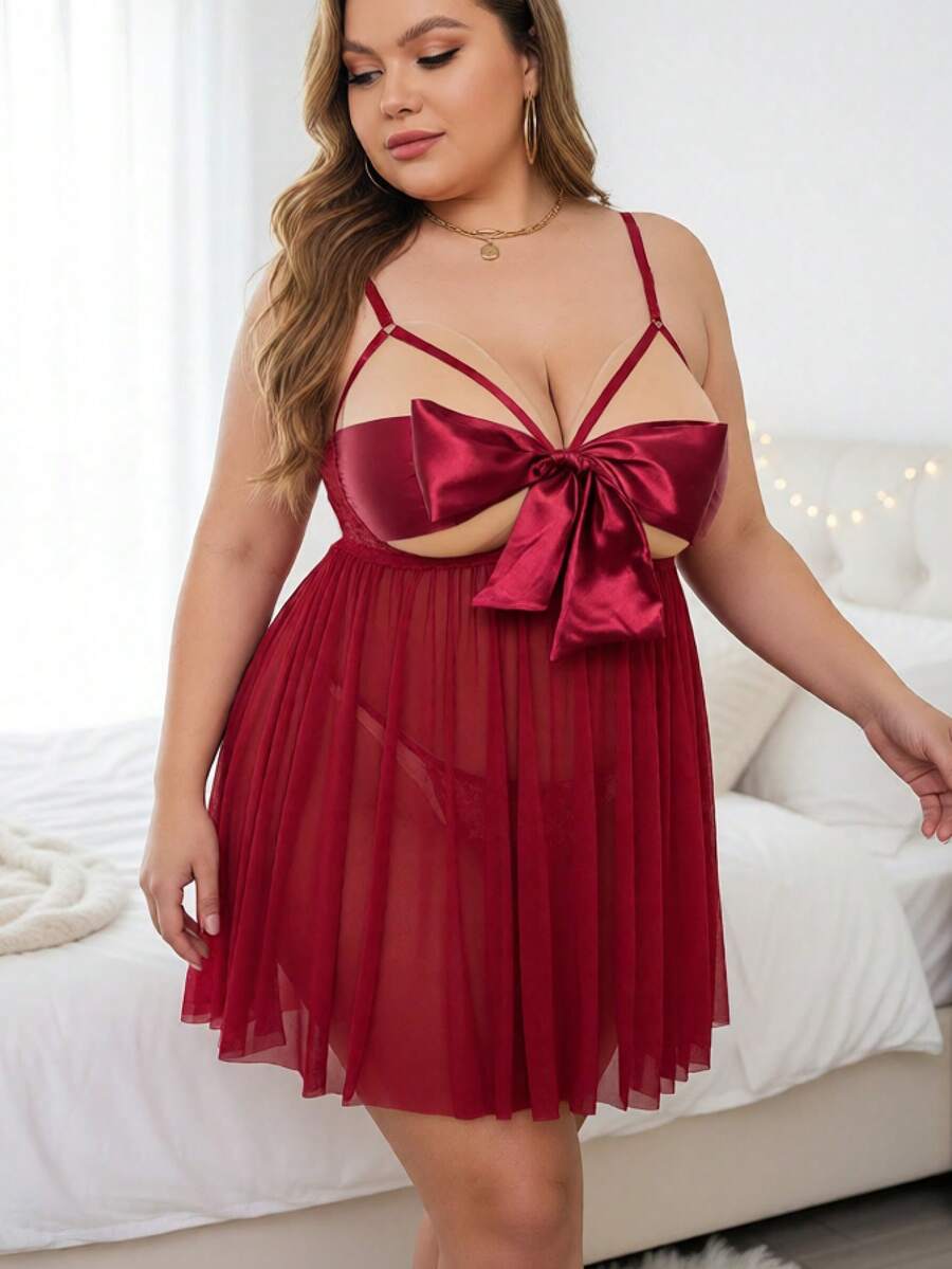 Women's burgundy 2-piece plus size lace babydoll lingerie set featuring a backless ribbon tie back design with adjustable straps and a matching thong.