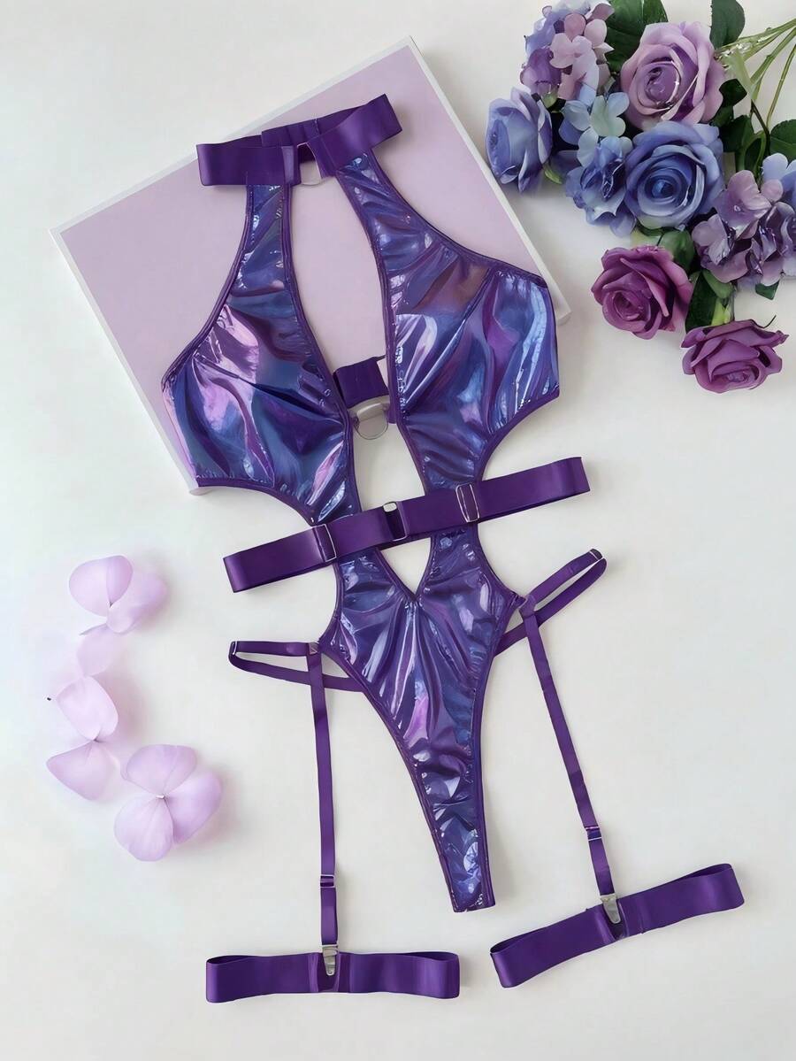 Purple Y2K halter backless bodysuit 4-piece set for women featuring adjustable straps and wireless construction.