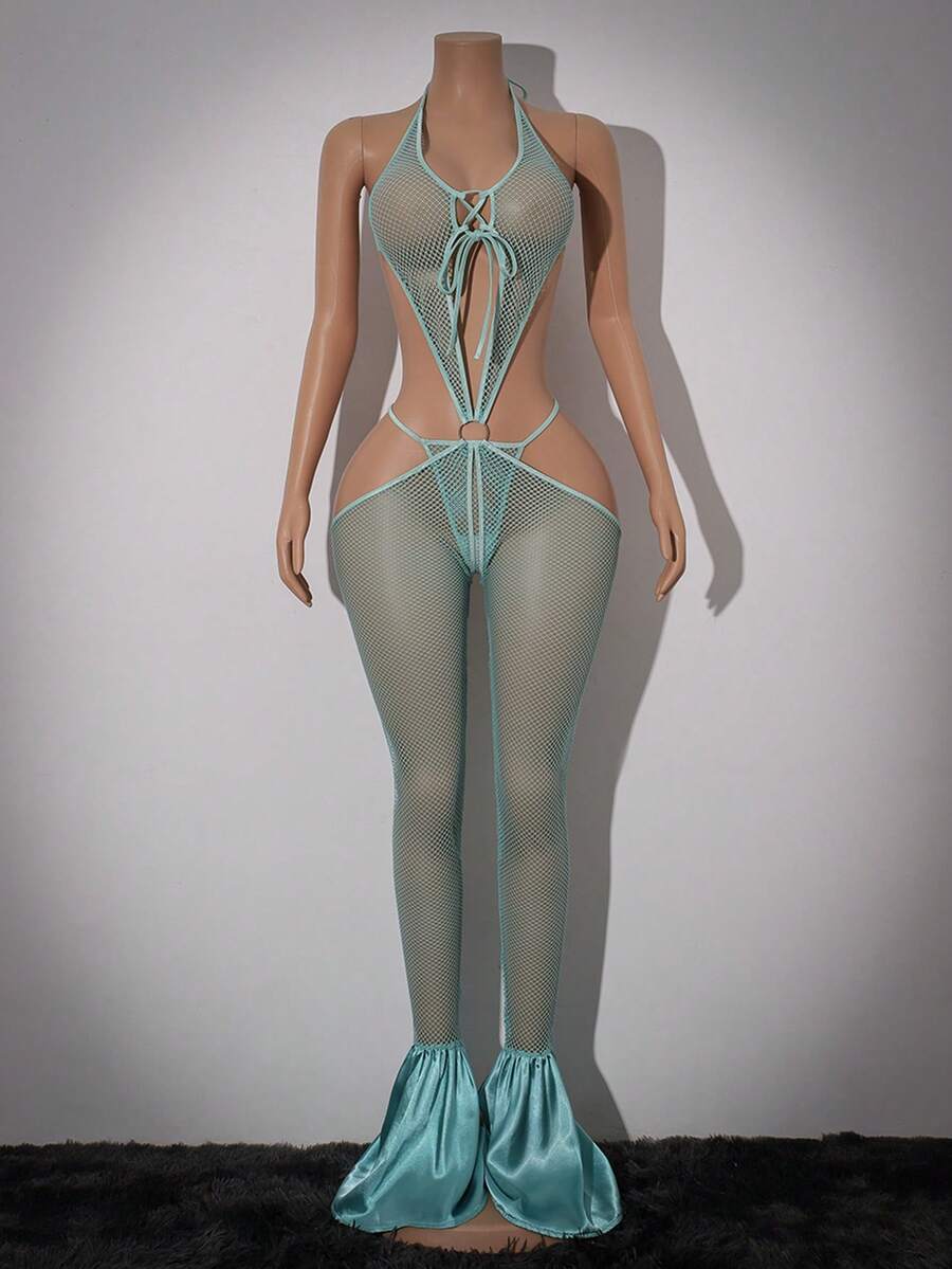 Mint blue Y2K sheer mesh halter teddy lingerie for women featuring adjustable straps, low rise waist, wireless design, and sleeveless unlined body.