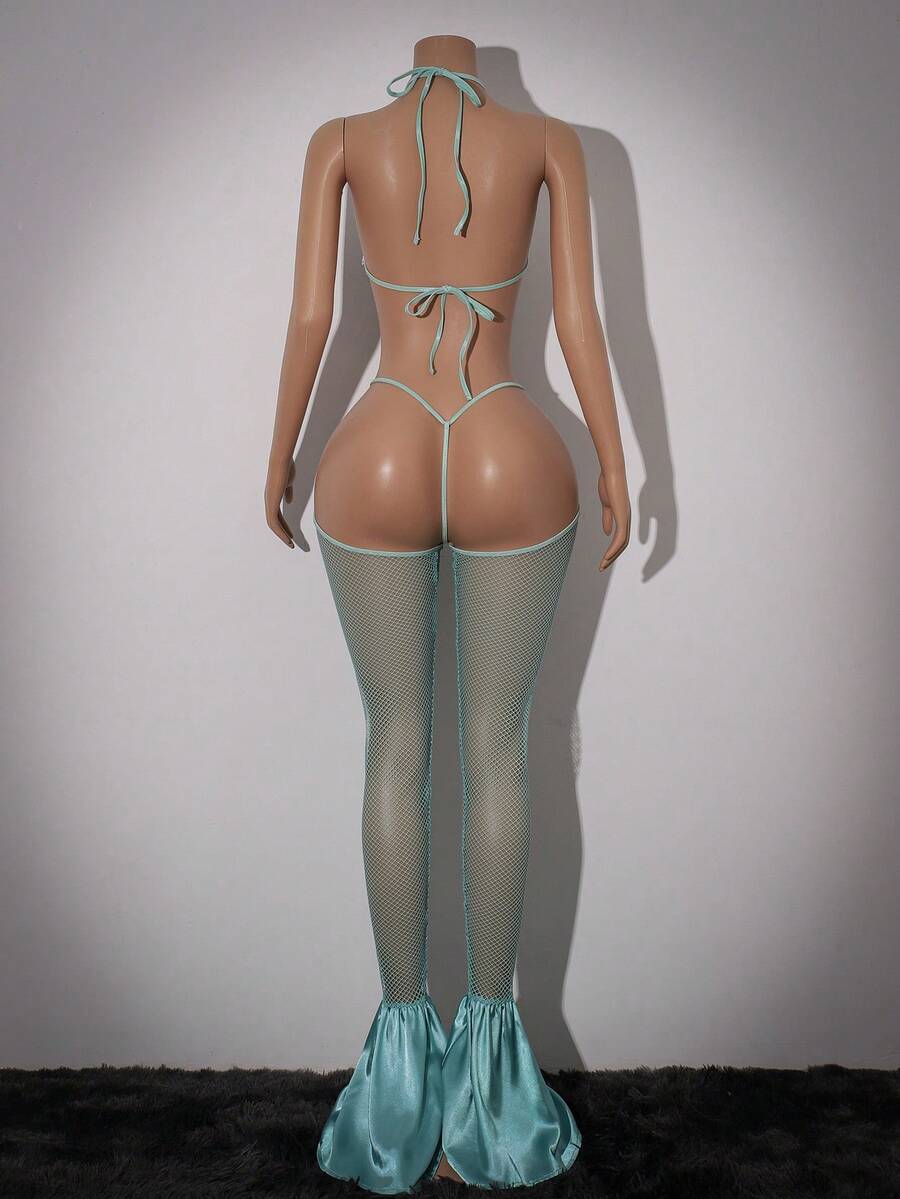Mint blue Y2K sheer mesh halter teddy lingerie for women featuring adjustable straps, low rise waist, wireless design, and sleeveless unlined body.