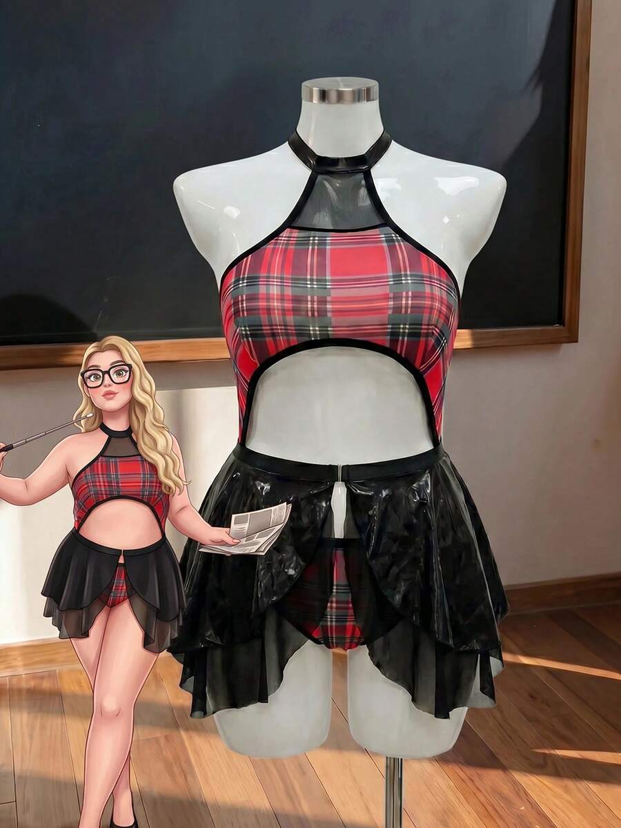 Multicolor plaid 2-piece cosplay costume set featuring a halter neck sleeveless bodysuit with hollow-out design and a matching short skirt.