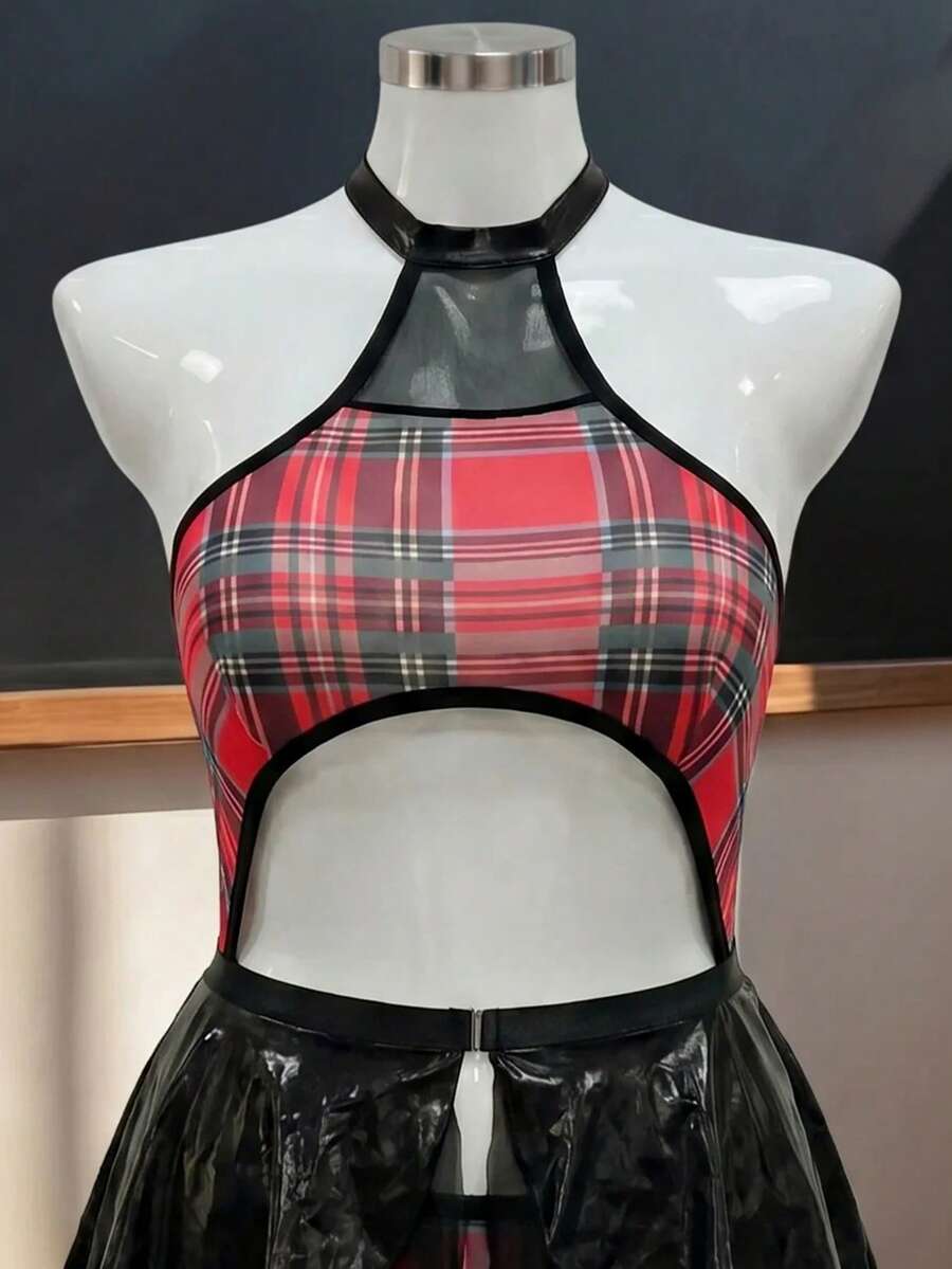 Multicolor plaid 2-piece cosplay costume set featuring a halter neck sleeveless bodysuit with hollow-out design and a matching short skirt.