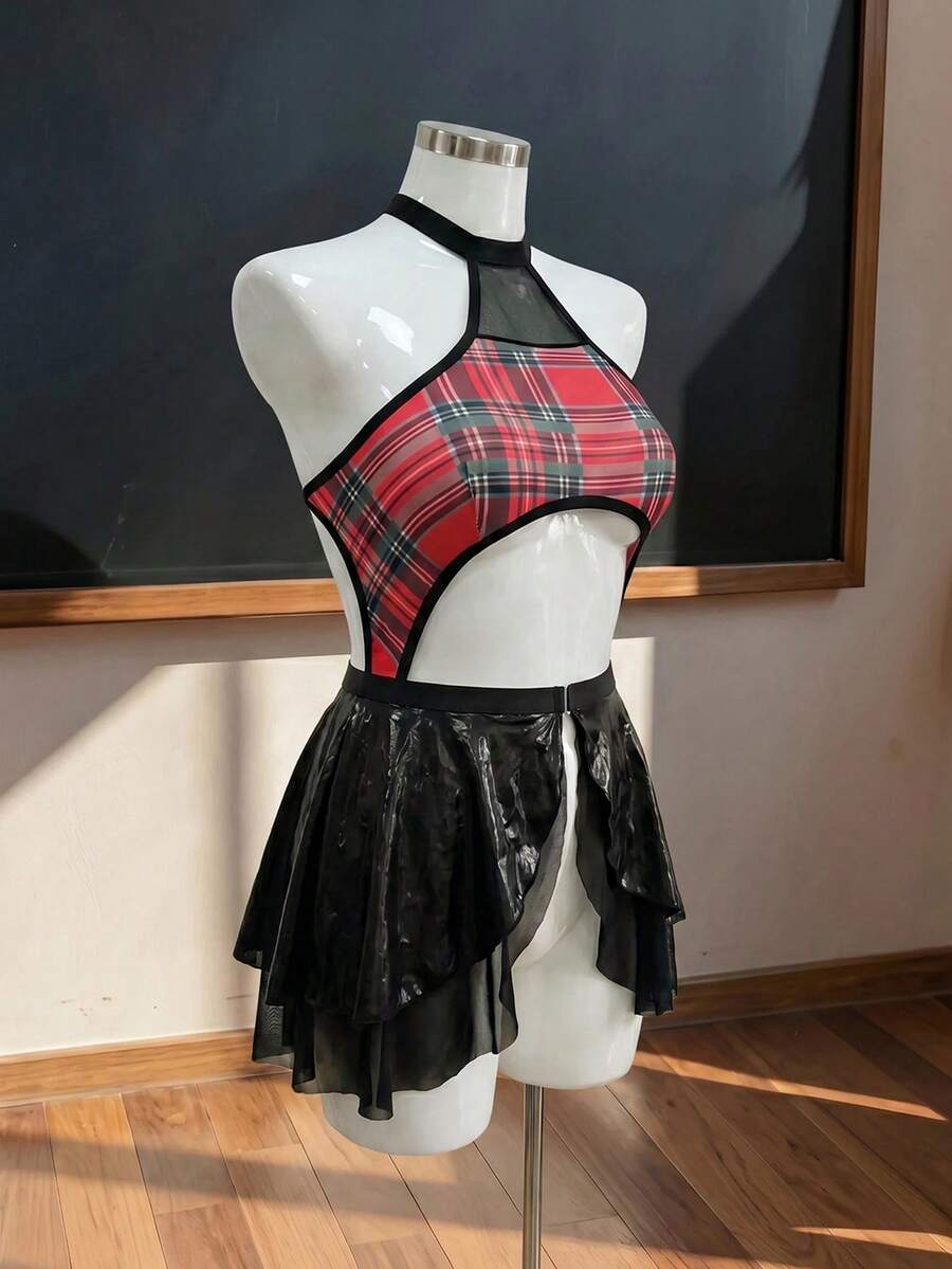 Multicolor plaid 2-piece cosplay costume set featuring a halter neck sleeveless bodysuit with hollow-out design and a matching short skirt.