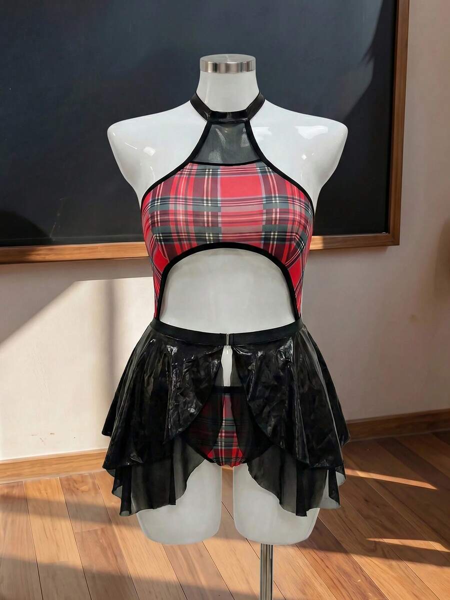 Multicolor plaid 2-piece cosplay costume set featuring a halter neck sleeveless bodysuit with hollow-out design and a matching short skirt.