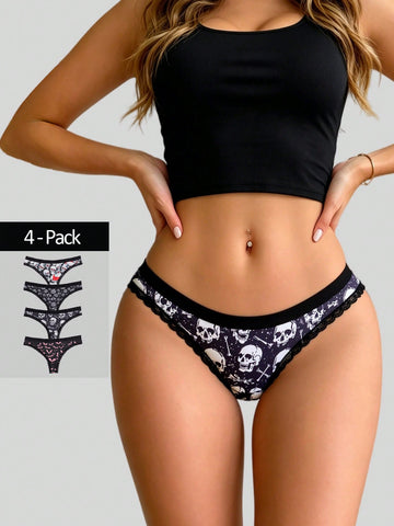 Four-piece women's gothic low rise thongs set with contrast lace trim and multicolor Halloween skull print.