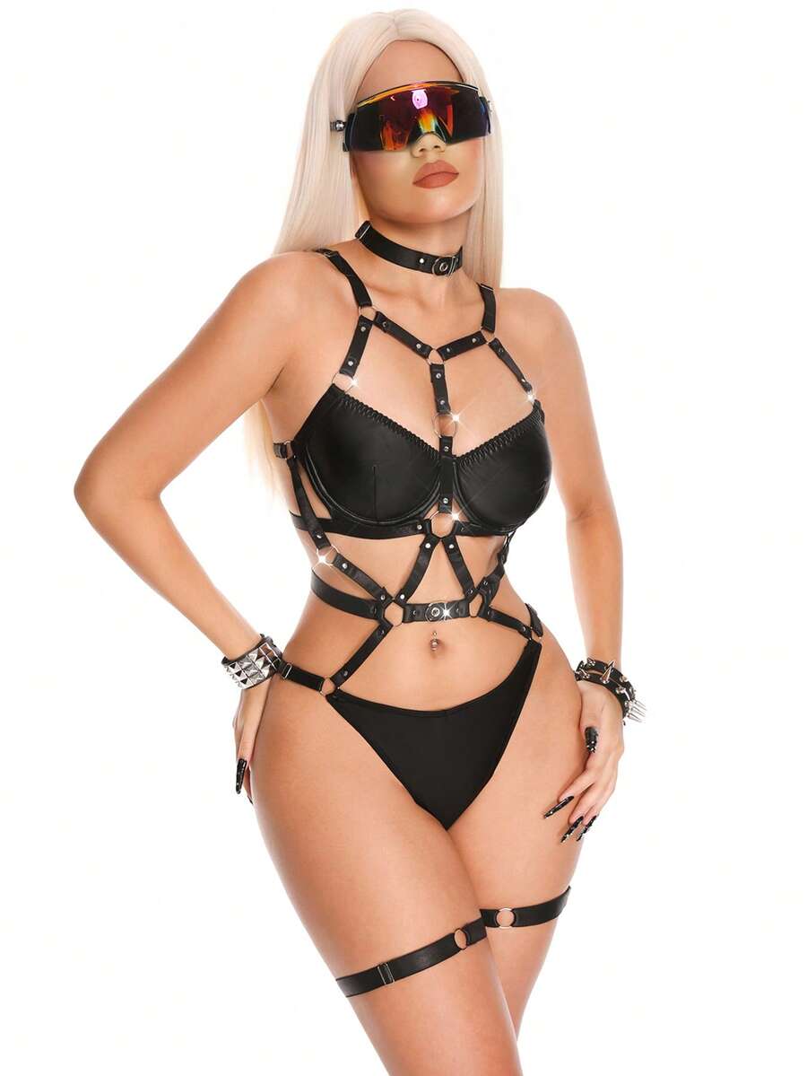 Black 3-piece women's lingerie bodysuit set featuring adjustable spaghetti straps, backless bow detail, underwire support, and matching low-rise thong.