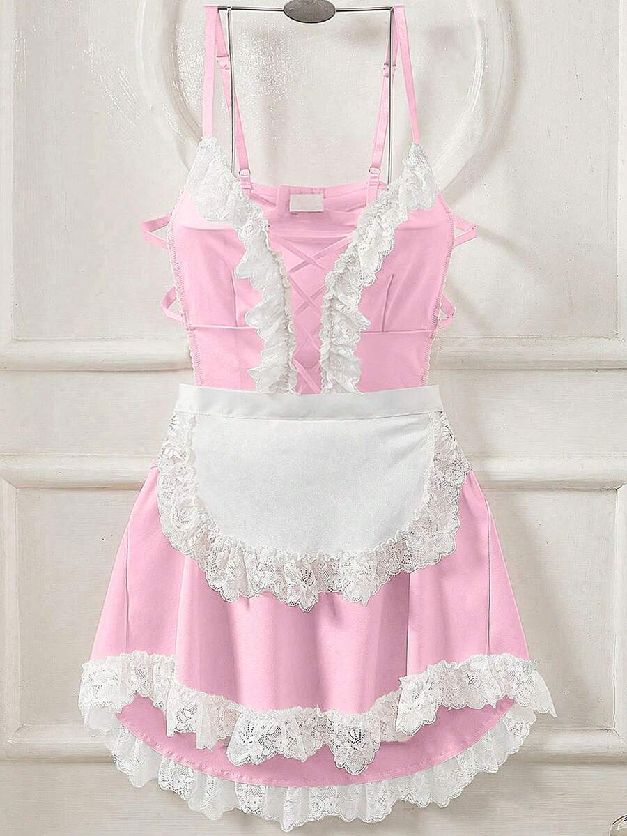Black 2-piece sexy maid cosplay costume set for women, featuring a spaghetti strap jumpsuit with lace-up criss-cross details and a matching apron.