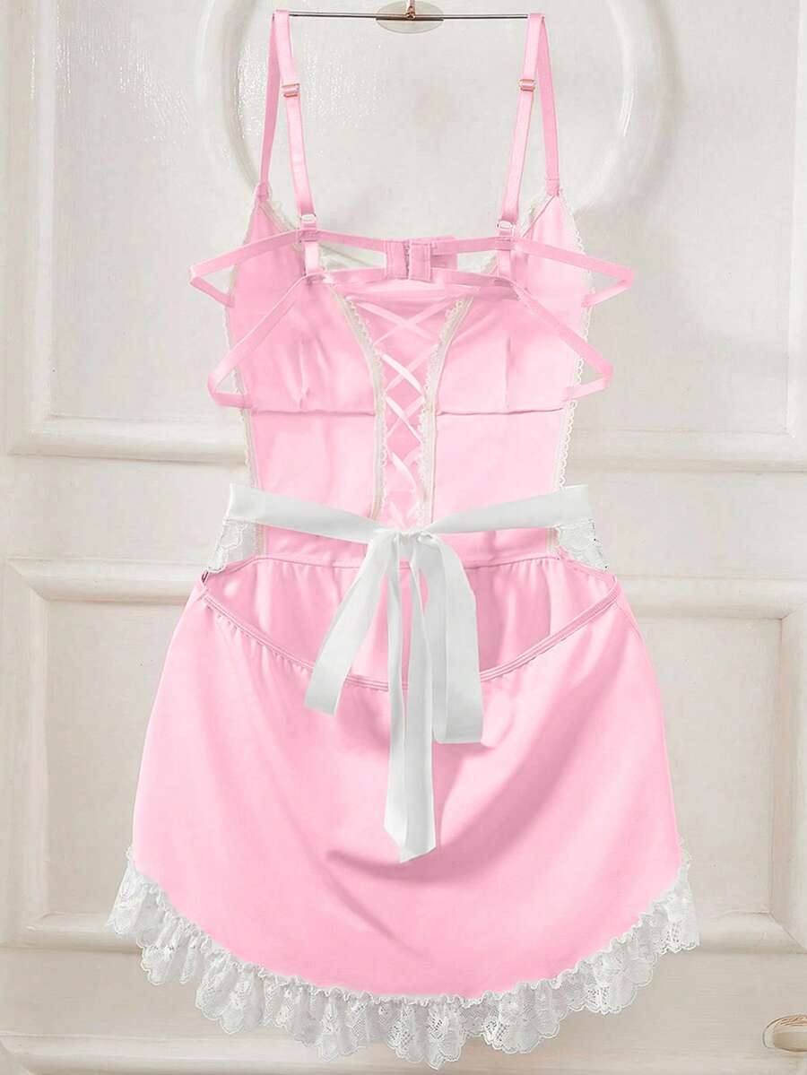 Black 2-piece sexy maid cosplay costume set for women, featuring a spaghetti strap jumpsuit with lace-up criss-cross details and a matching apron.