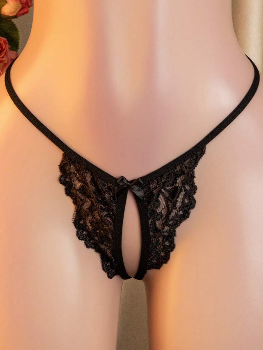 Black Goth sheer babydoll lingerie 2-piece set featuring backless ring detail, underwire, adjustable spaghetti straps, and matching V-string panty for women.