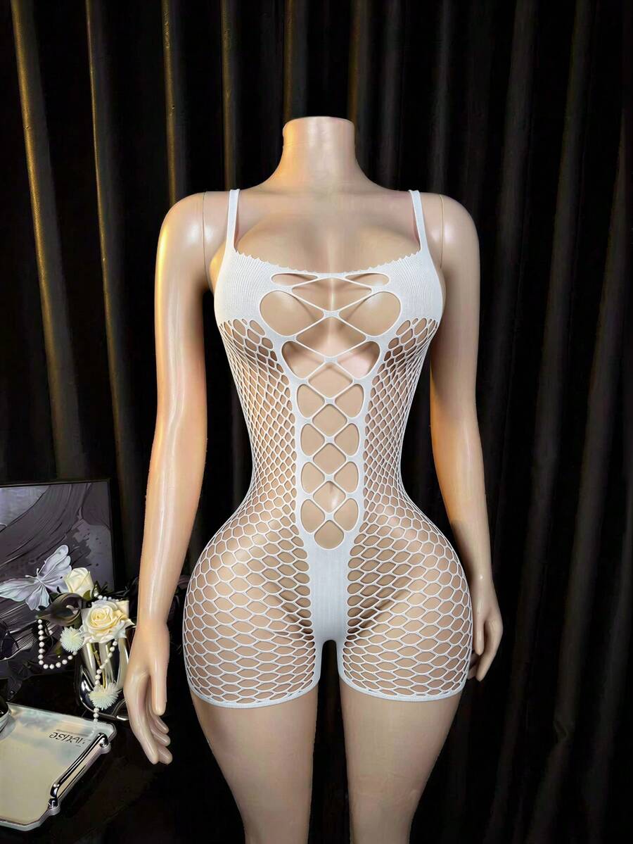 Violet purple sheer fishnet lingerie bodysuit for women featuring a halter neckline and wireless high-stretch fit.