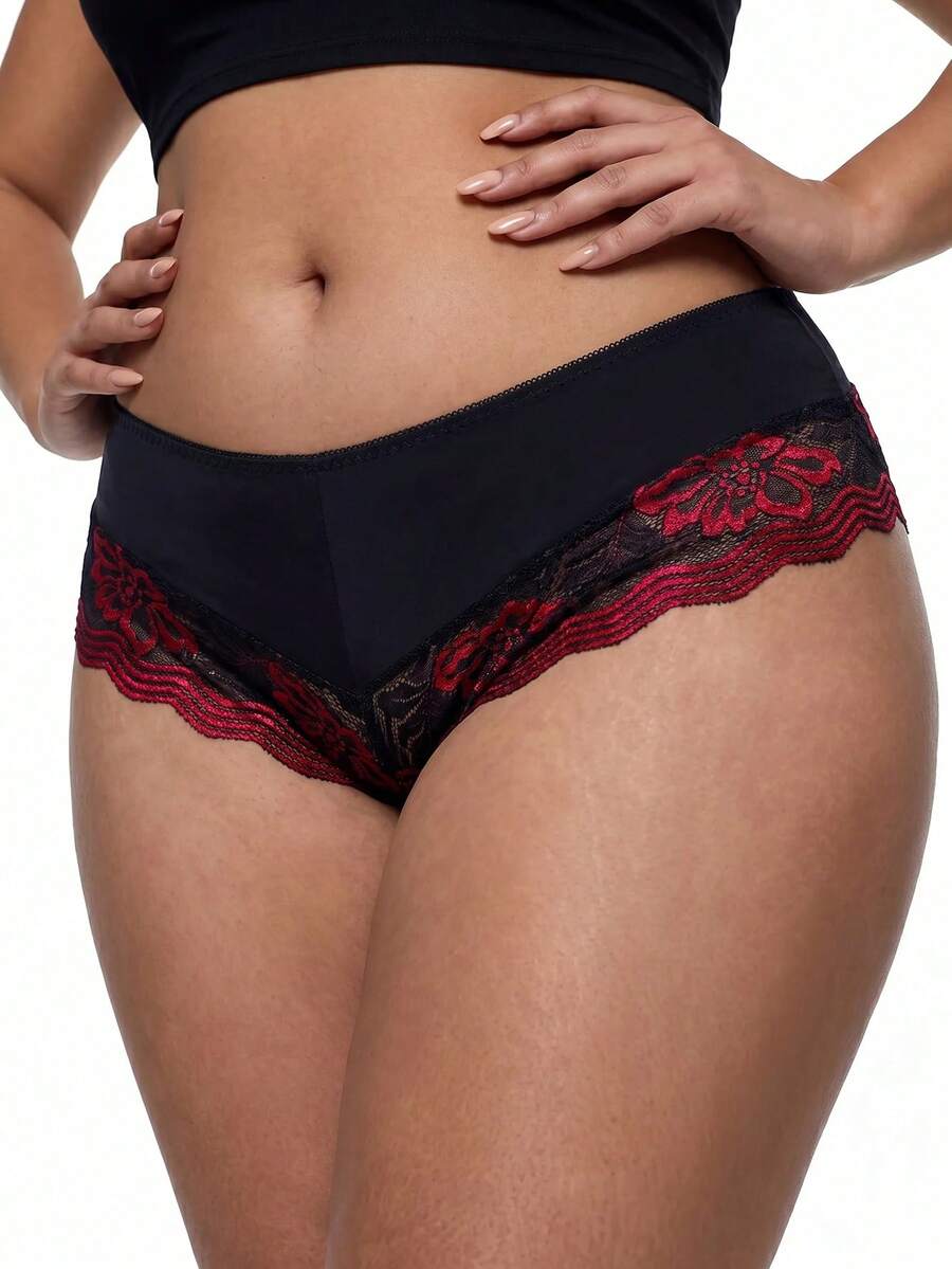 Black and red lace patchwork low rise thong panty for women featuring sheer goth style lace and high stretch fabric.