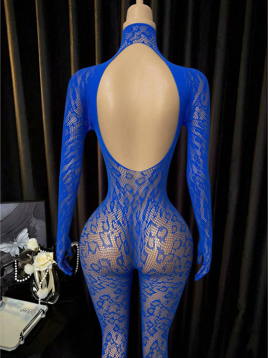 Women wearing a sheer blue elastic fishnet fitted lingerie jumpsuit featuring a hollow-out pattern and high stretch sheer fabric.