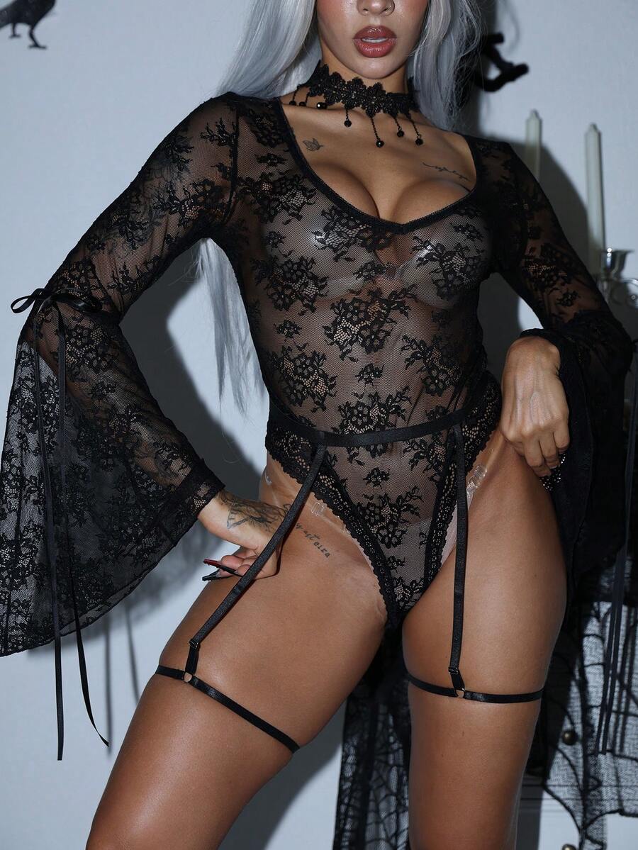 Black gothic style 2-piece sheer lace bodysuit for women featuring long bell sleeves, plunge neckline, bow contrast lace details, and adjustable straps.