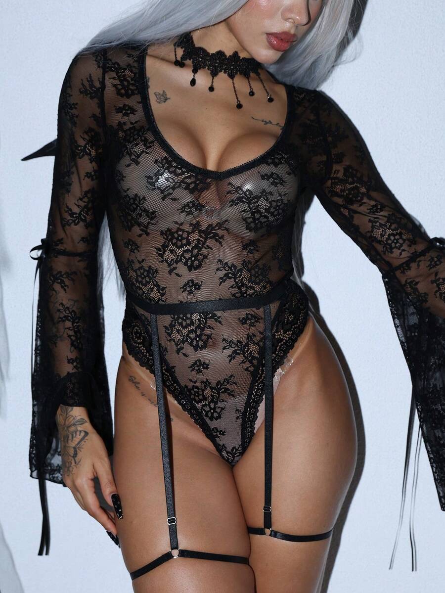 Black gothic style 2-piece sheer lace bodysuit for women featuring long bell sleeves, plunge neckline, bow contrast lace details, and adjustable straps.