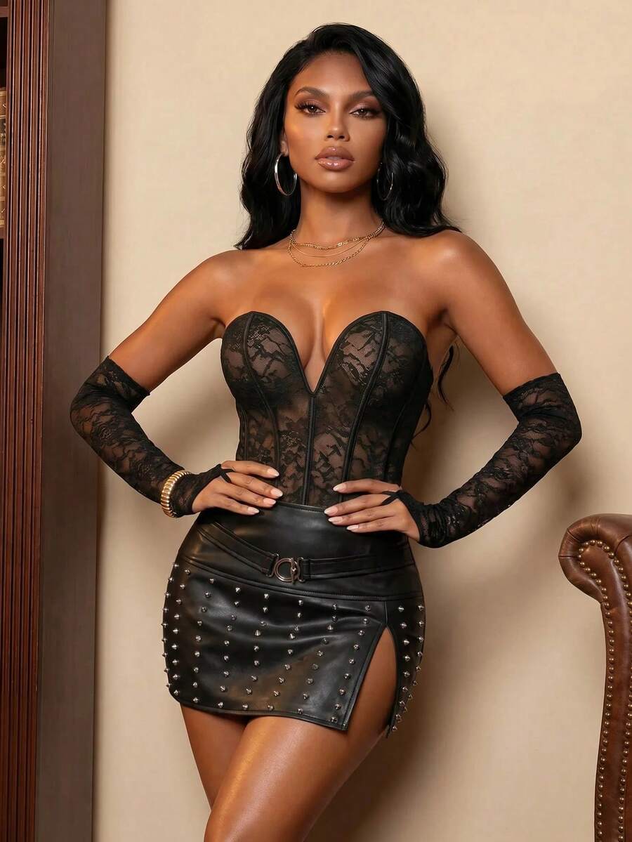Bare Chapter women's black floral lace bodysuit 3-piece set featuring semi-sheer fabric, wireless unlined top, and thong panty.