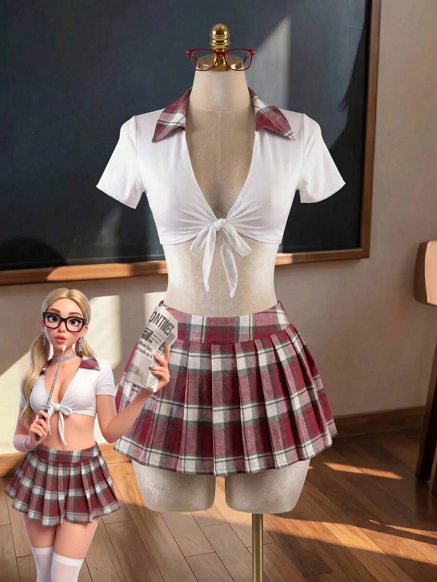 Women's student role play 3-piece costume set featuring a plaid short pleated skirt, collared top with front knot detail, and matching socks.