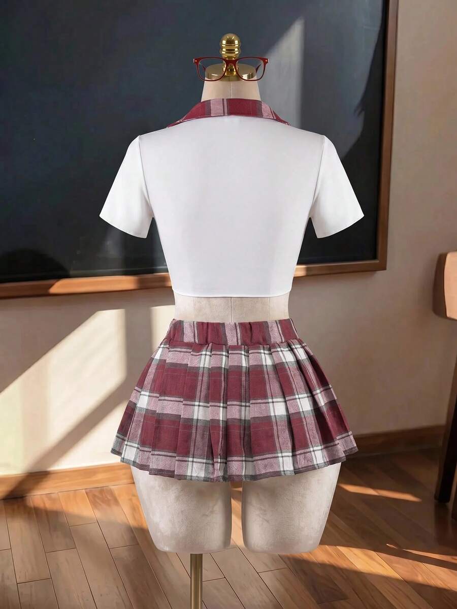 Women's student role play 3-piece costume set featuring a plaid short pleated skirt, collared top with front knot detail, and matching socks.