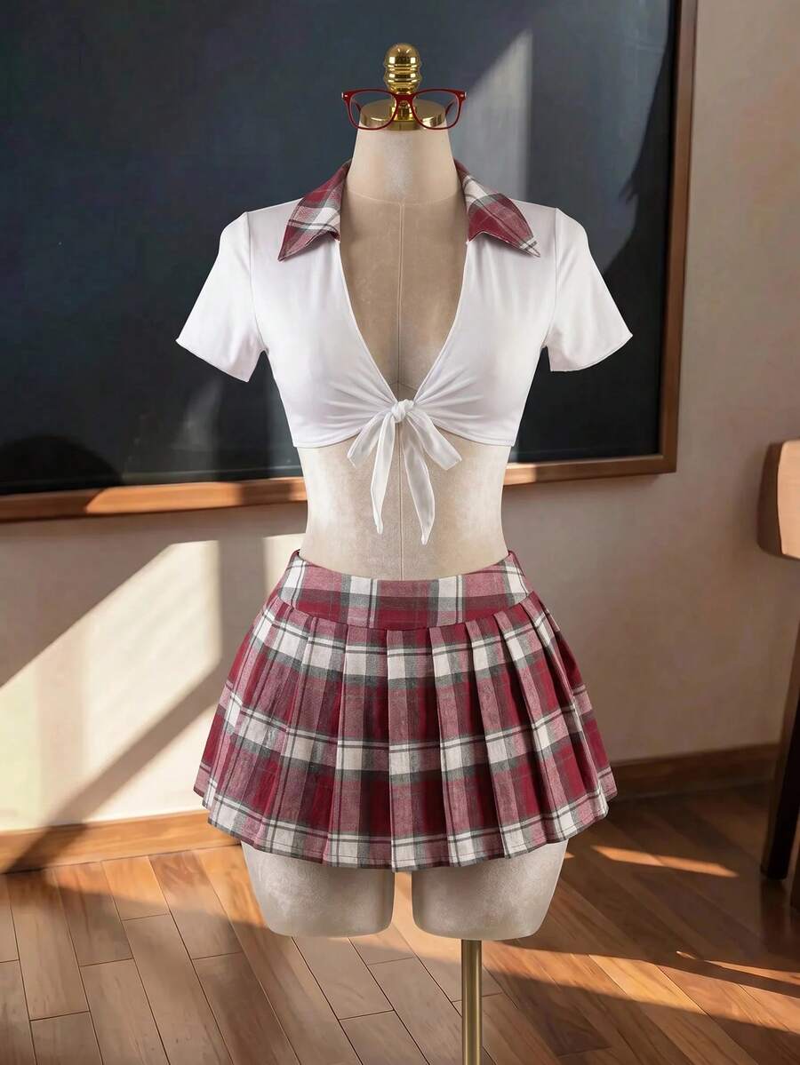Women's student role play 3-piece costume set featuring a plaid short pleated skirt, collared top with front knot detail, and matching socks.
