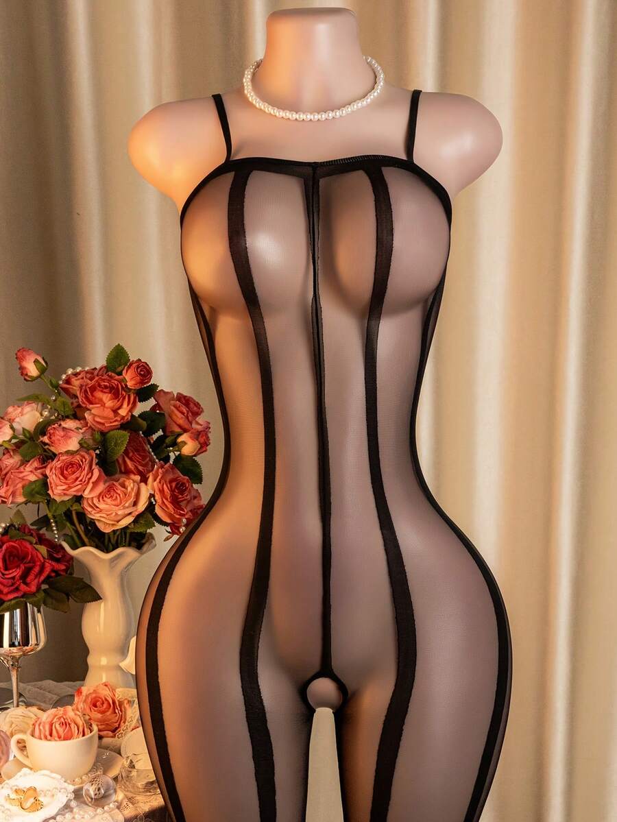 Black striped lingerie featuring a wireless sleeveless design with high stretch fabric and sheer crotchless stockings.