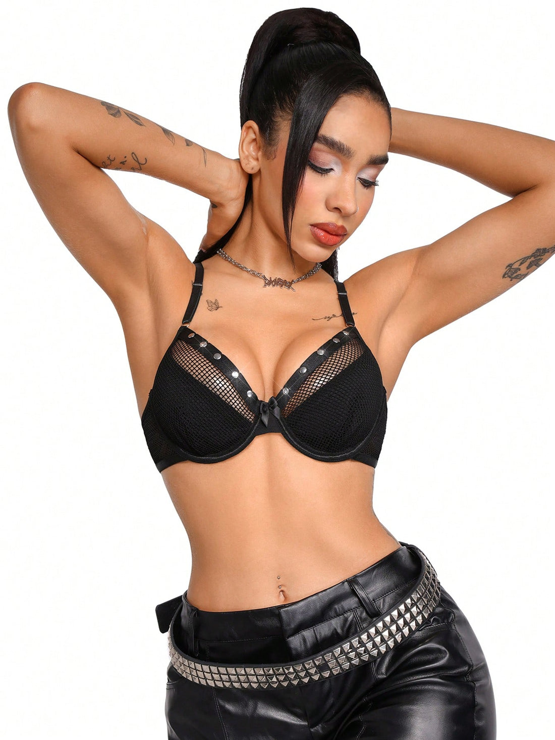 Black mesh patchwork goth plunge bra featuring underwire support, unlined cups, adjustable straps, and push up design.