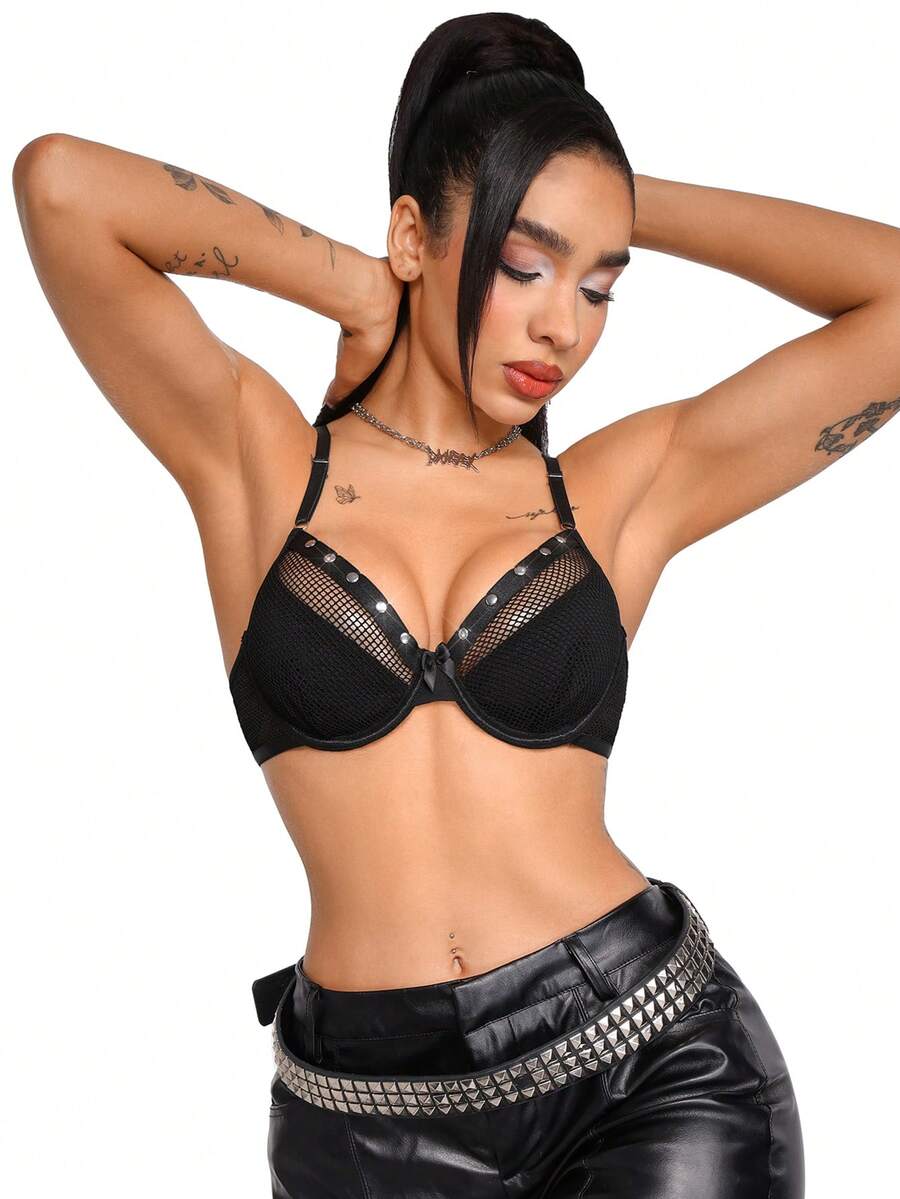 Black mesh patchwork goth plunge bra featuring underwire support, unlined cups, adjustable straps, and push up design.