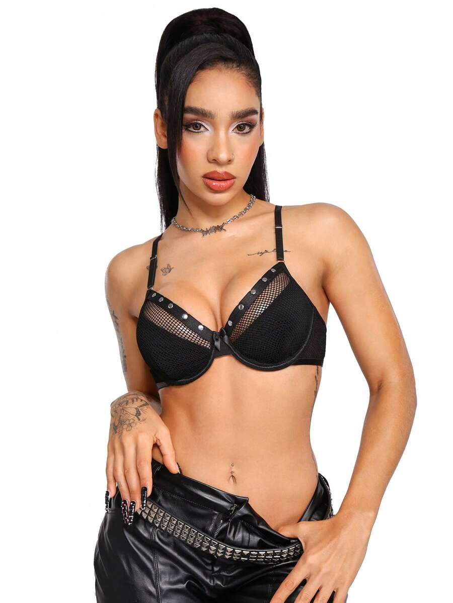 Black mesh patchwork goth plunge bra featuring underwire support, unlined cups, adjustable straps, and push up design.
