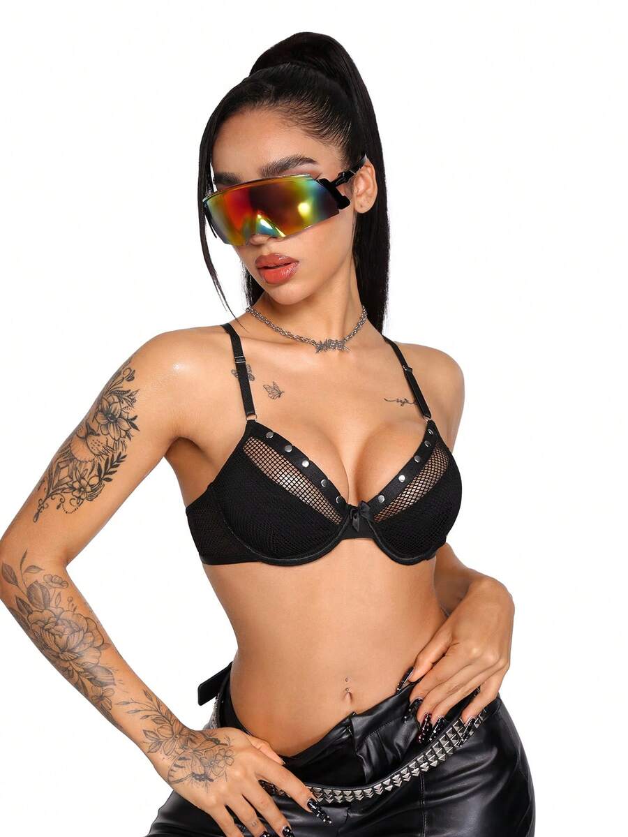 Black mesh patchwork goth plunge bra featuring underwire support, unlined cups, adjustable straps, and push up design.