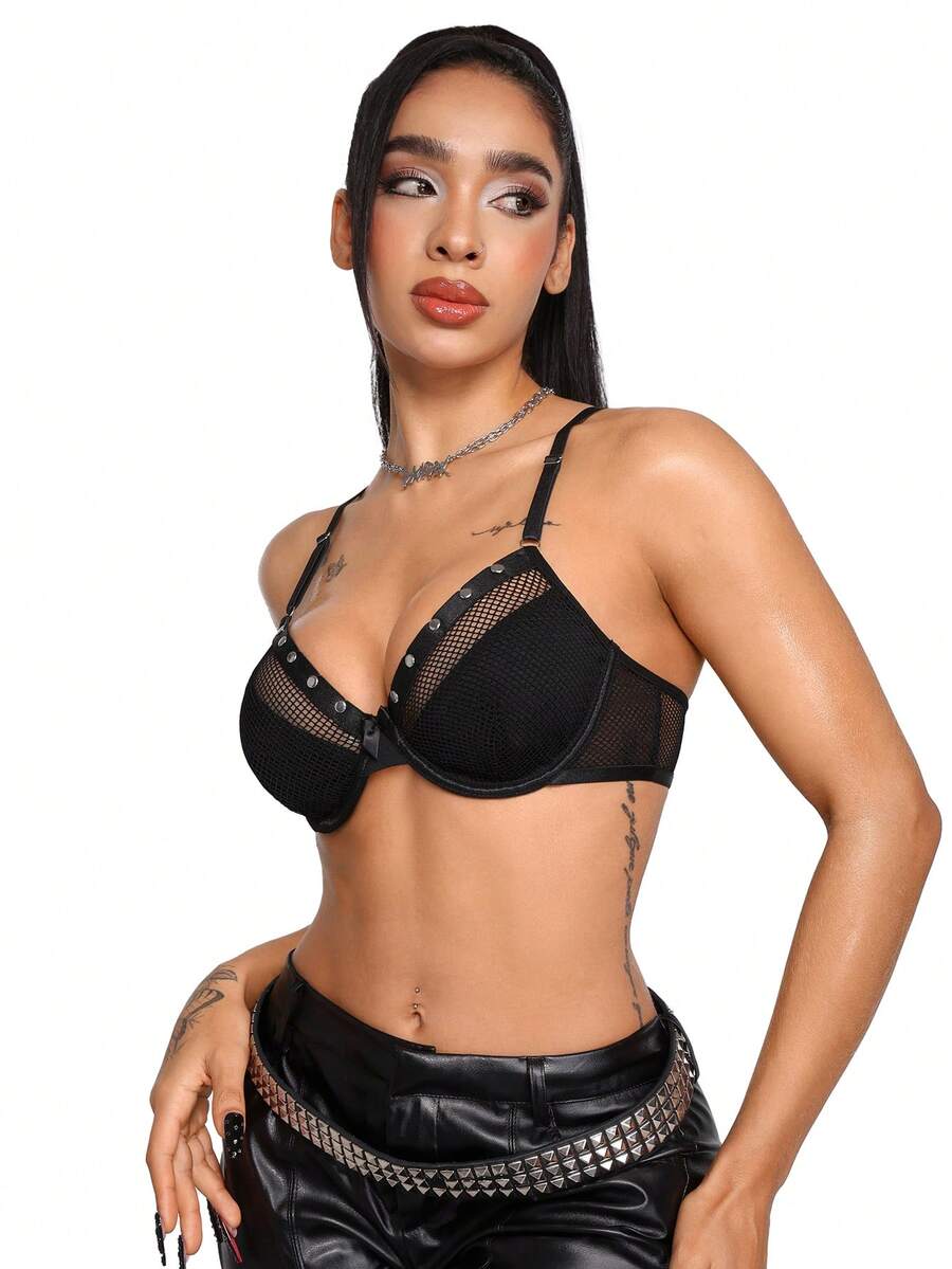 Black mesh patchwork goth plunge bra featuring underwire support, unlined cups, adjustable straps, and push up design.
