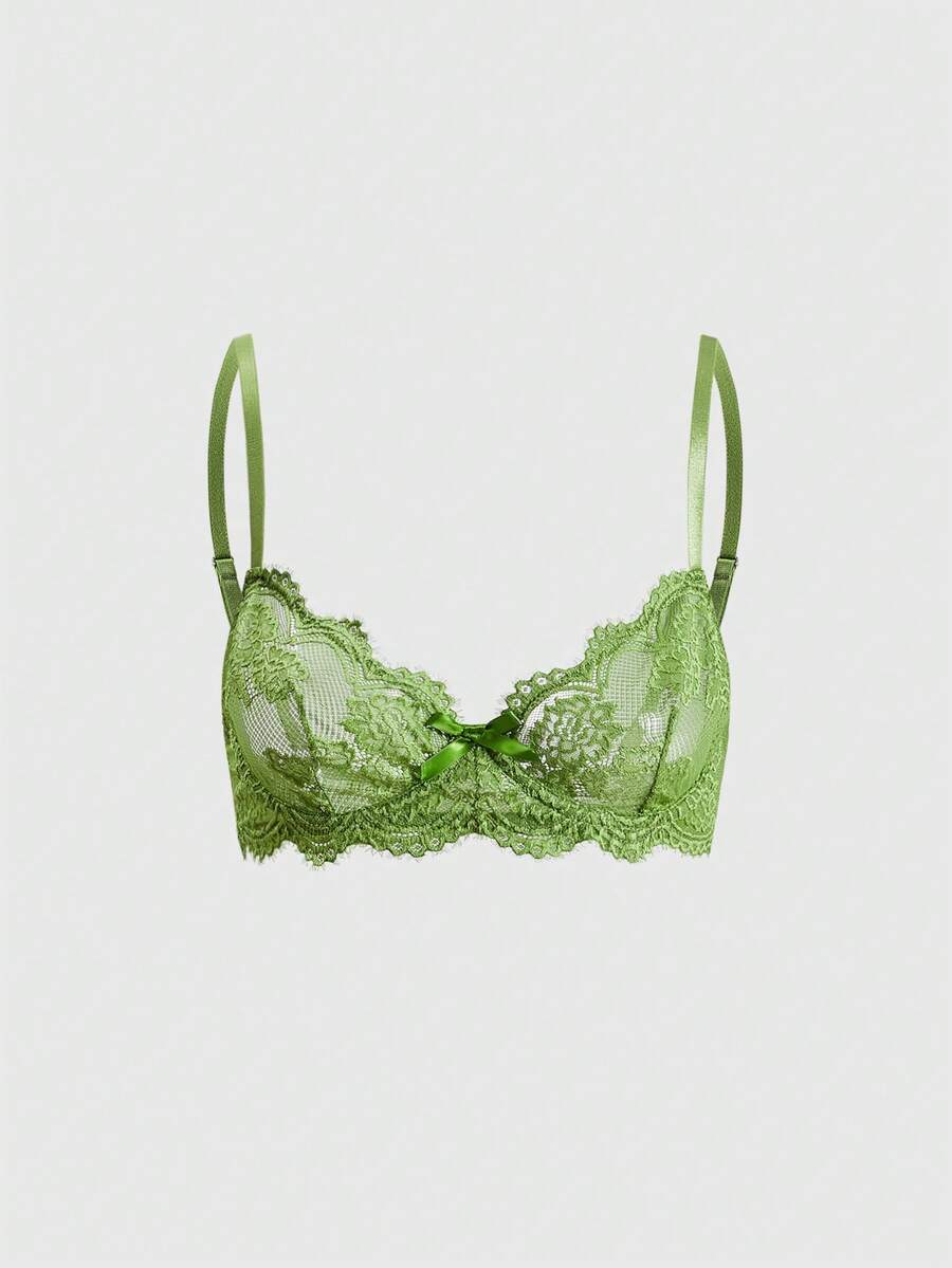 Black sheer floral lace plunge bra featuring underwire support, unlined triangle cups, adjustable straps, and a backless design for women.