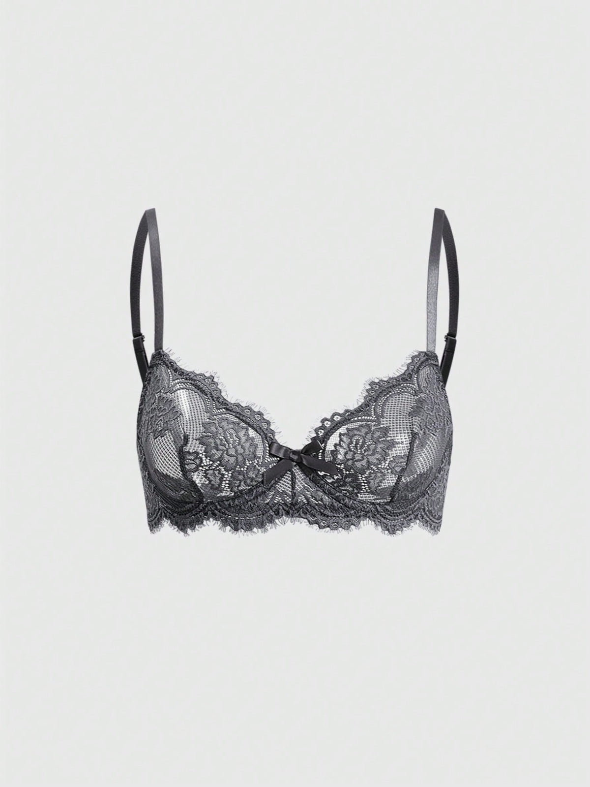 Black sheer floral lace plunge bra featuring underwire support, unlined triangle cups, adjustable straps, and a backless design for women.