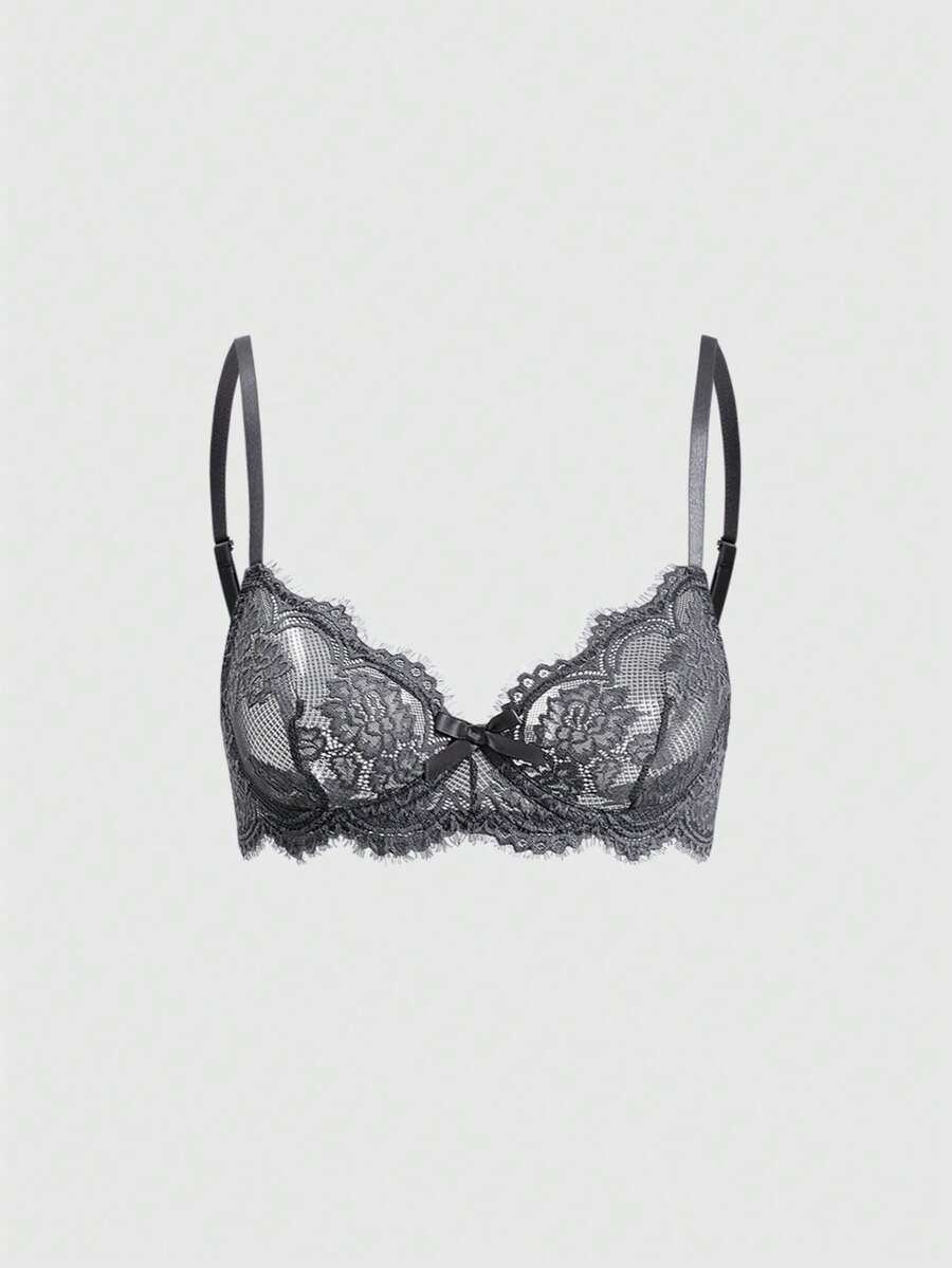 Black sheer floral lace plunge bra featuring underwire support, unlined triangle cups, adjustable straps, and a backless design for women.