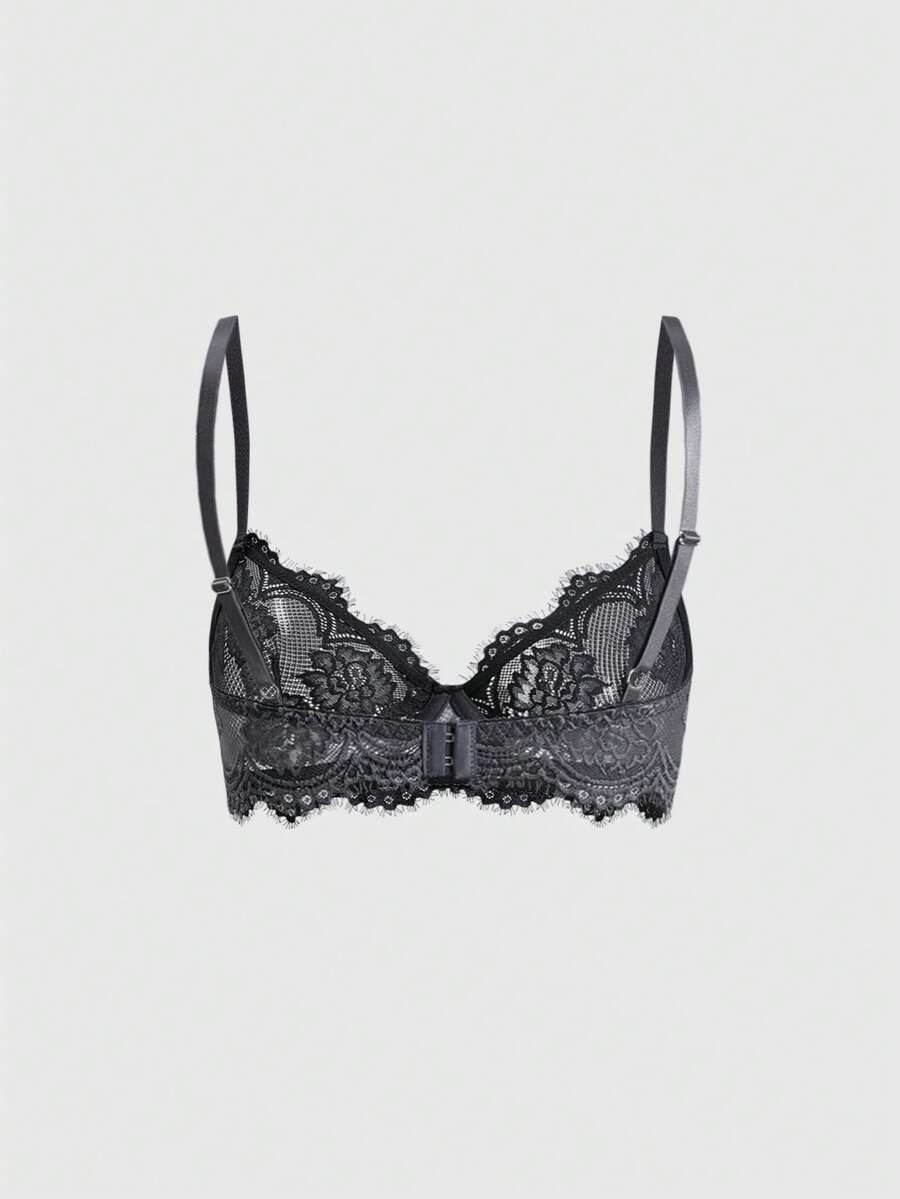 Black sheer floral lace plunge bra featuring underwire support, unlined triangle cups, adjustable straps, and a backless design for women.