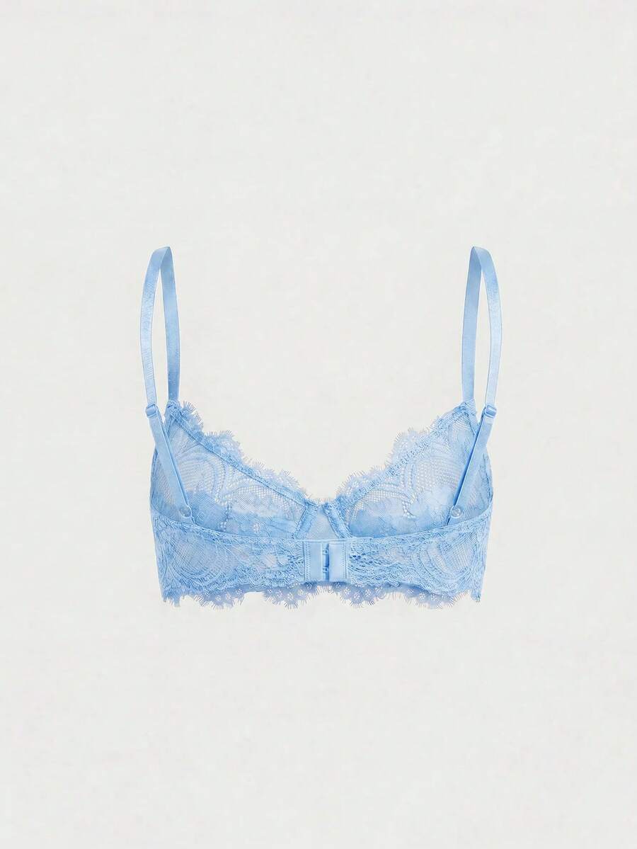 Black sheer floral lace plunge bra featuring underwire support, unlined triangle cups, adjustable straps, and a backless design for women.