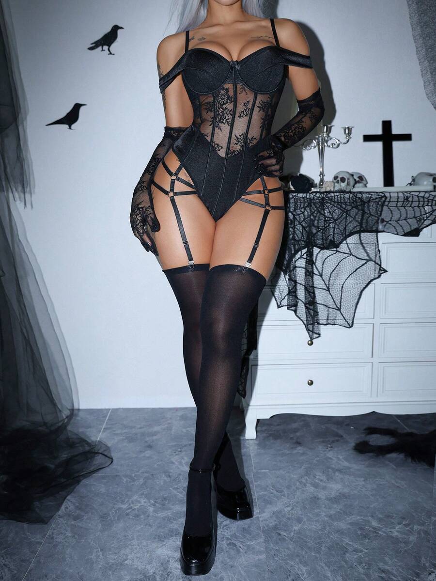 Black 3-piece lace bodysuit lingerie set featuring sheer underwire cup detail, adjustable spaghetti straps, and matching fabric gloves.