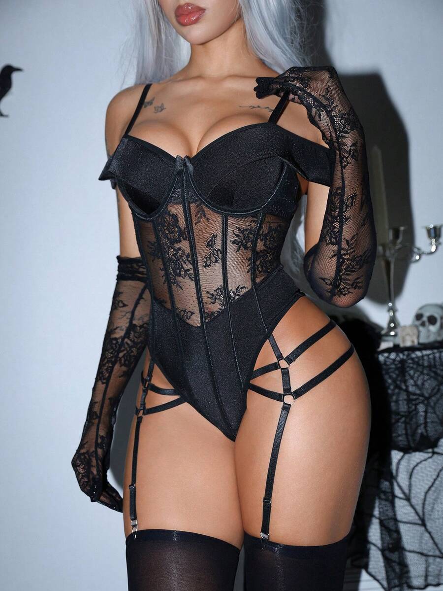 Black 3-piece lace bodysuit lingerie set featuring sheer underwire cup detail, adjustable spaghetti straps, and matching fabric gloves.