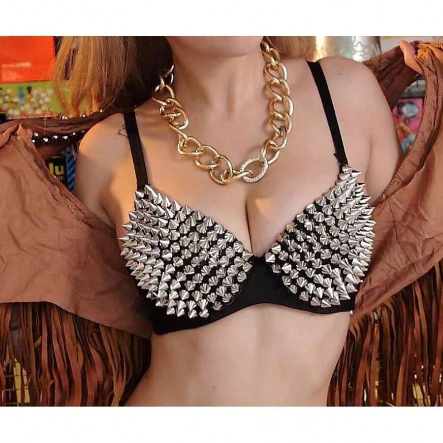 Metallic silver rivet studded push-up bra for women with adjustable straps and sequin accents