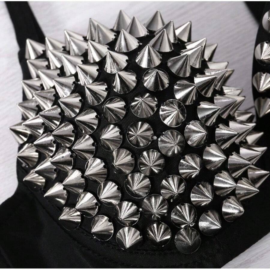 Metallic silver rivet studded push-up bra for women with adjustable straps and sequin accents