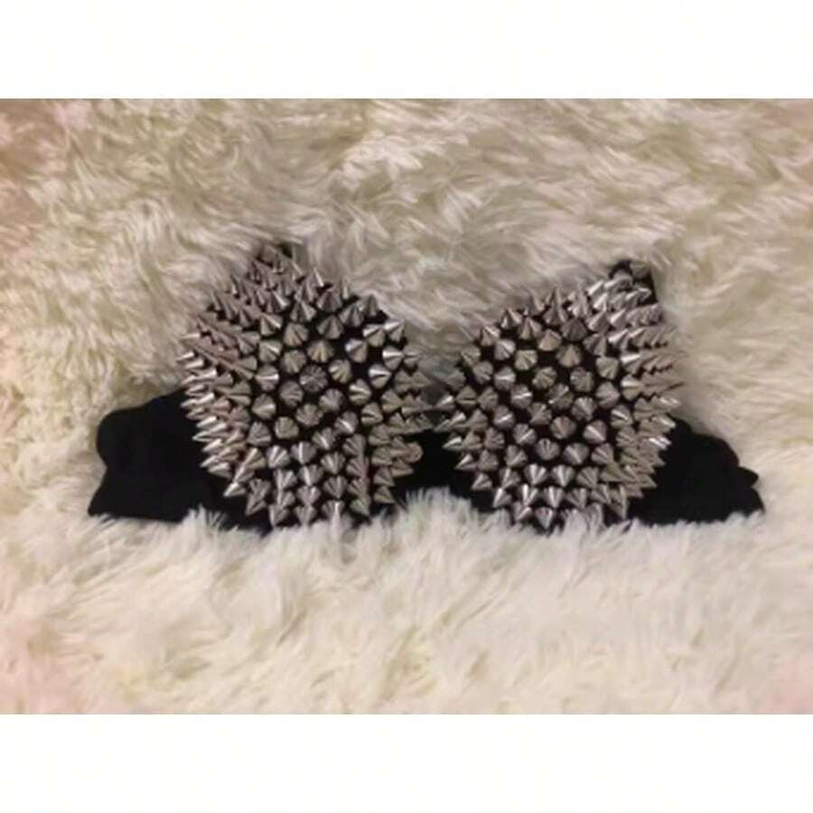 Metallic silver rivet studded push-up bra for women with adjustable straps and sequin accents