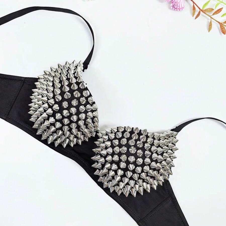 Metallic silver rivet studded push-up bra for women with adjustable straps and sequin accents