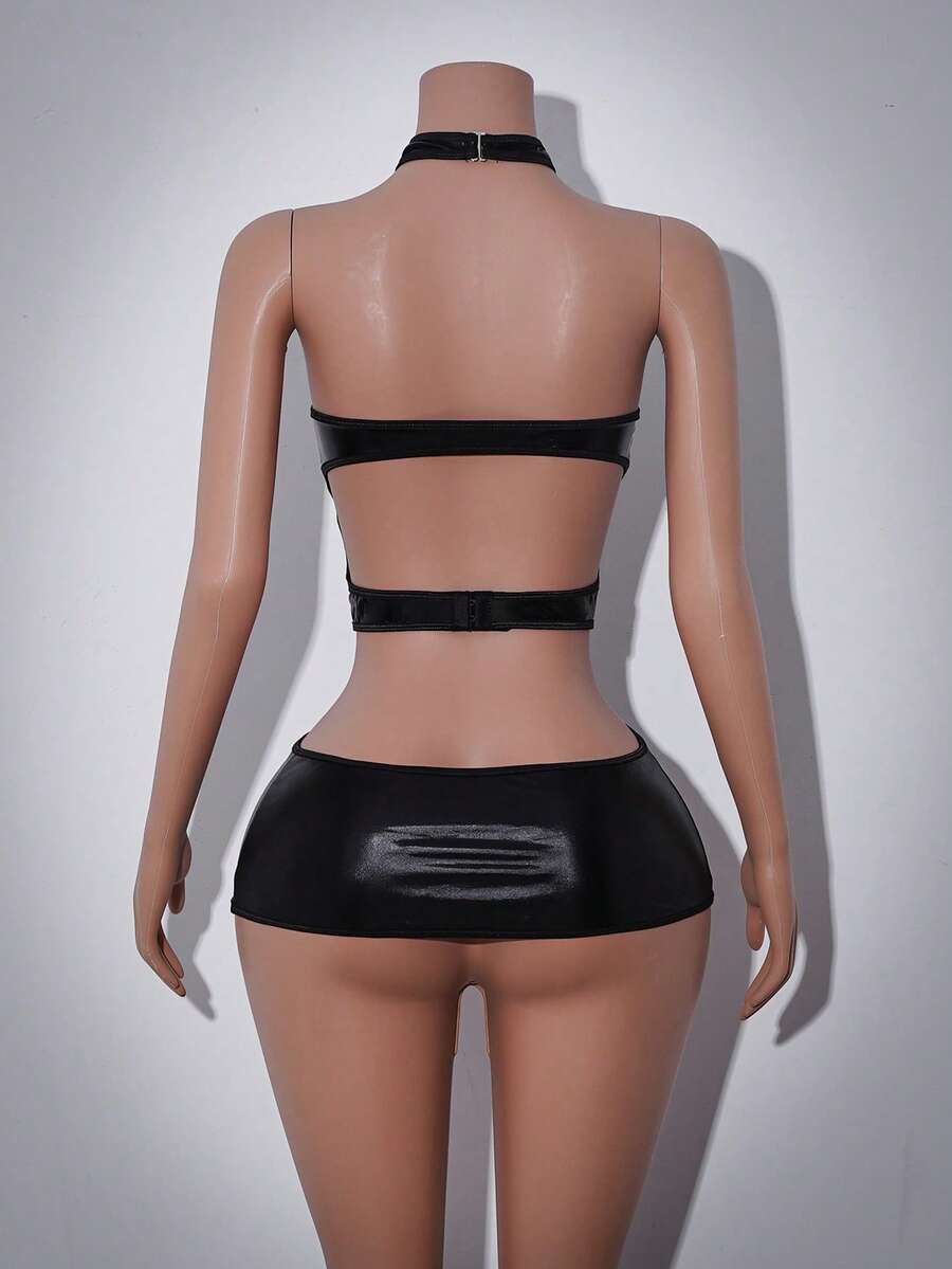 Black hollow-out backless bodycon lingerie dress for women with halter neckline